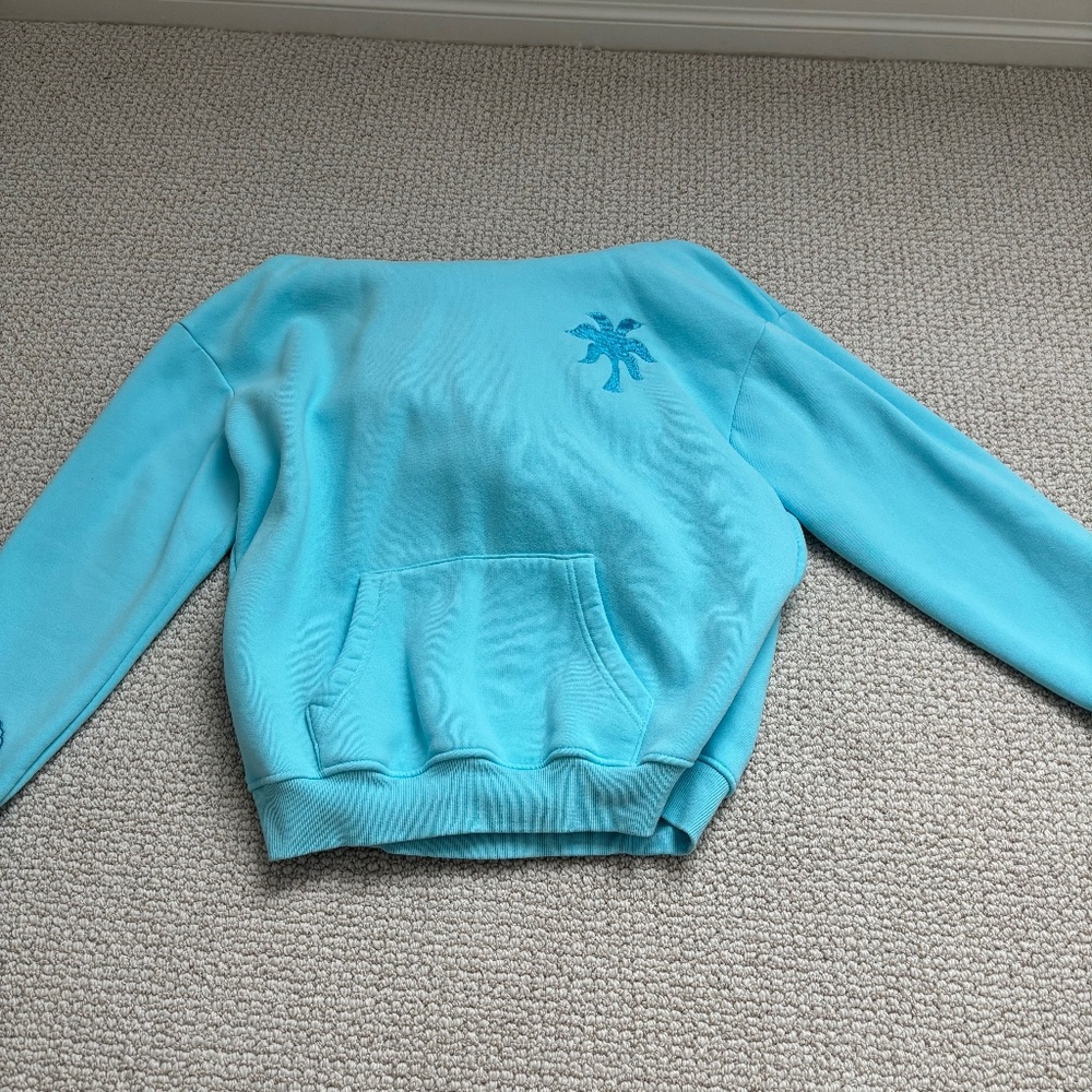 Pink palm puff teal hoodie